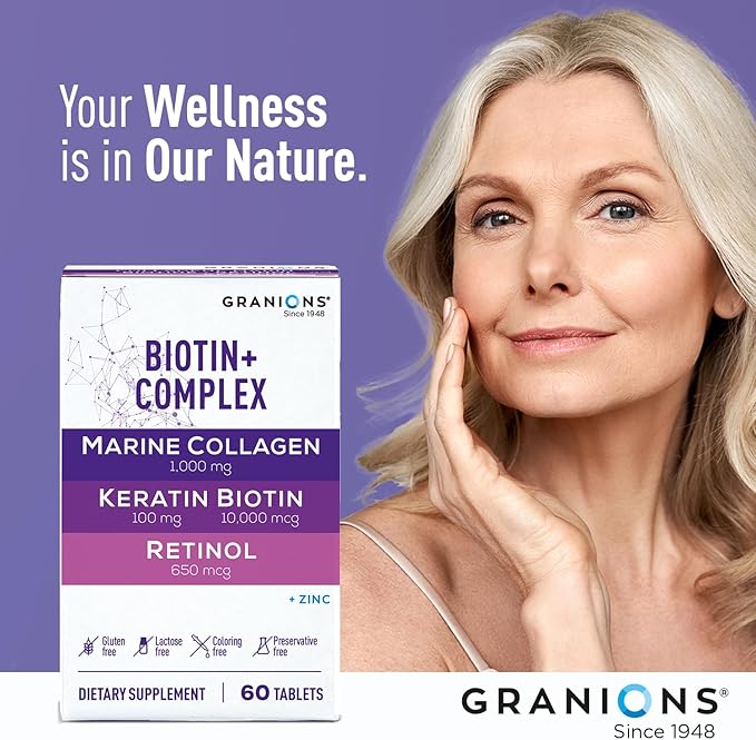 Biotin Collagen Keratin Supplement Hair Growth Tablets – Biotin 10000mcg, Marine Collagen Peptides, Keratin, Retinol, Zinc, Vitamin B6 - Hair, Skin and Nails Complex for Women and Men - 60 Tablets