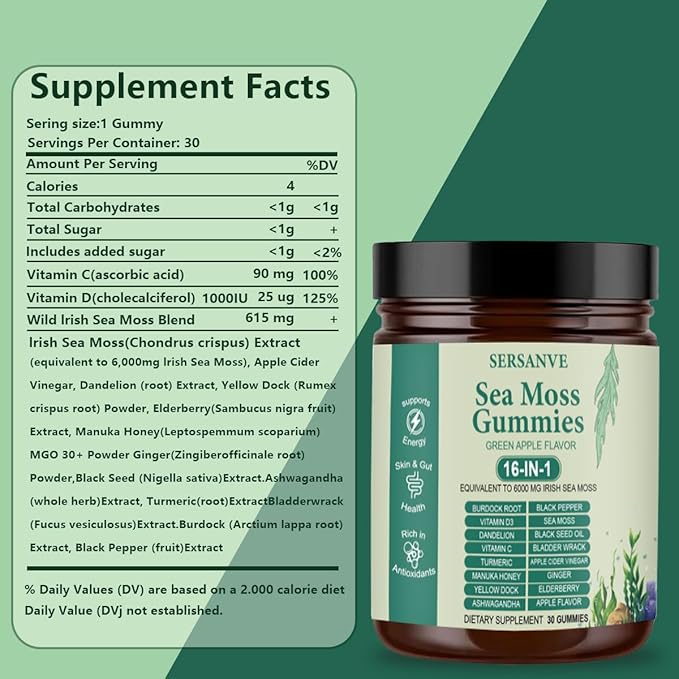 Sea Moss Gummies 16-in-1, with Black Seed Oil, Ashwagandha & Elderberry | Organic Irish Sea Moss Supplement for Men & Women | Daily Support with Manuka, Burdock Root & Vitamins C & D3, 30 Gummies