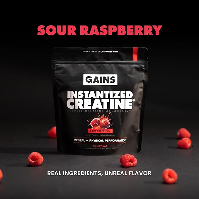 Gains in Bulk Instantized Creatine Monohydrate for Men & Women, Soluble Pre Workout Powder, Supports Muscle Building, Strength and Performance, Bodybuilding Supplements, Sour Raspberry, 30 Servings