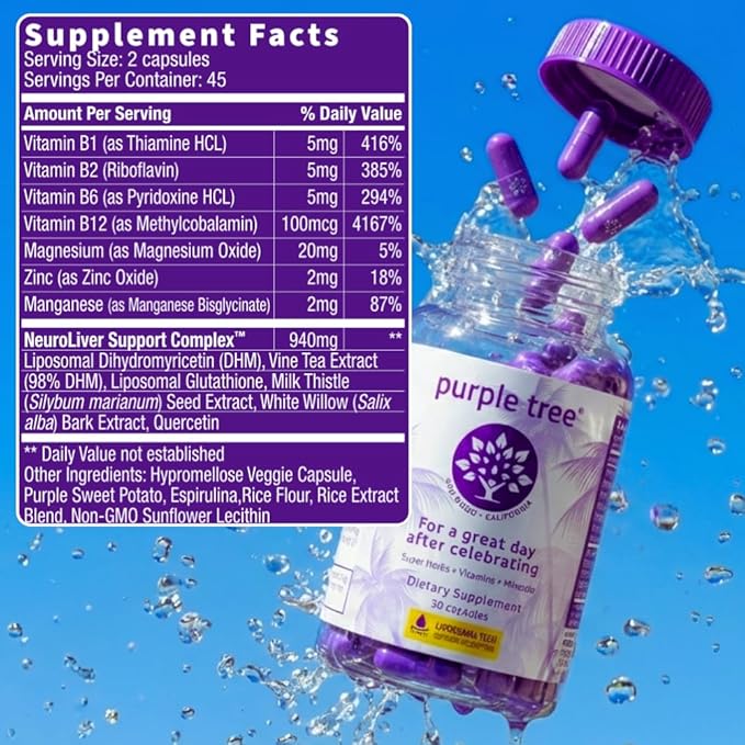 purple tree Post-Celebration Wellness Supplement for After-Drink Support | Hydration & Liver Health | Dihydromyricetin DHM, Milk Thistle, Electrolytes, Vitamin B, Willow Bark, Quercetin (180 Pills)