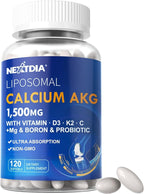 Liposomal Calcium AKG Supplement 1500mg with Vitamin D3 & K2 Softgels for Women & Men│ High Absorption│Calcium Supplements with Magnesium Glycinate, Boron, Probiotics & Vitamin C for Bone - 120 Pills