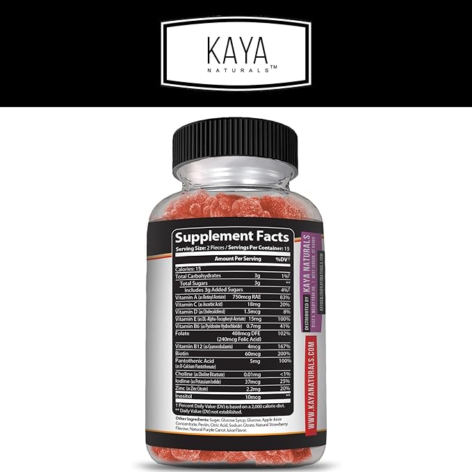 Kaya Naturals Adult Multi Vitamin Gummy, Biotin, Vitamin A, B-12, C & E, Including Zinc, Folic Acid, Strawberry Flavor - Gluten-Free Multivitamins Sweet Adult Gummies (Pack of 2)