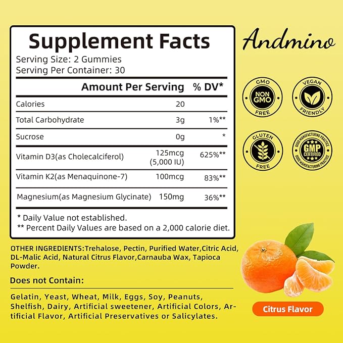 Vitamin D3 K2 Magnesium Gummies | 5000IU D3 + 100mcg K2 MK-7 + 150mg Magnesium Glycinate | for Bone, Immune & Sleep Support | Non-GMO, Vegan, Gluten Free | Citrus Flavor, 60 Count