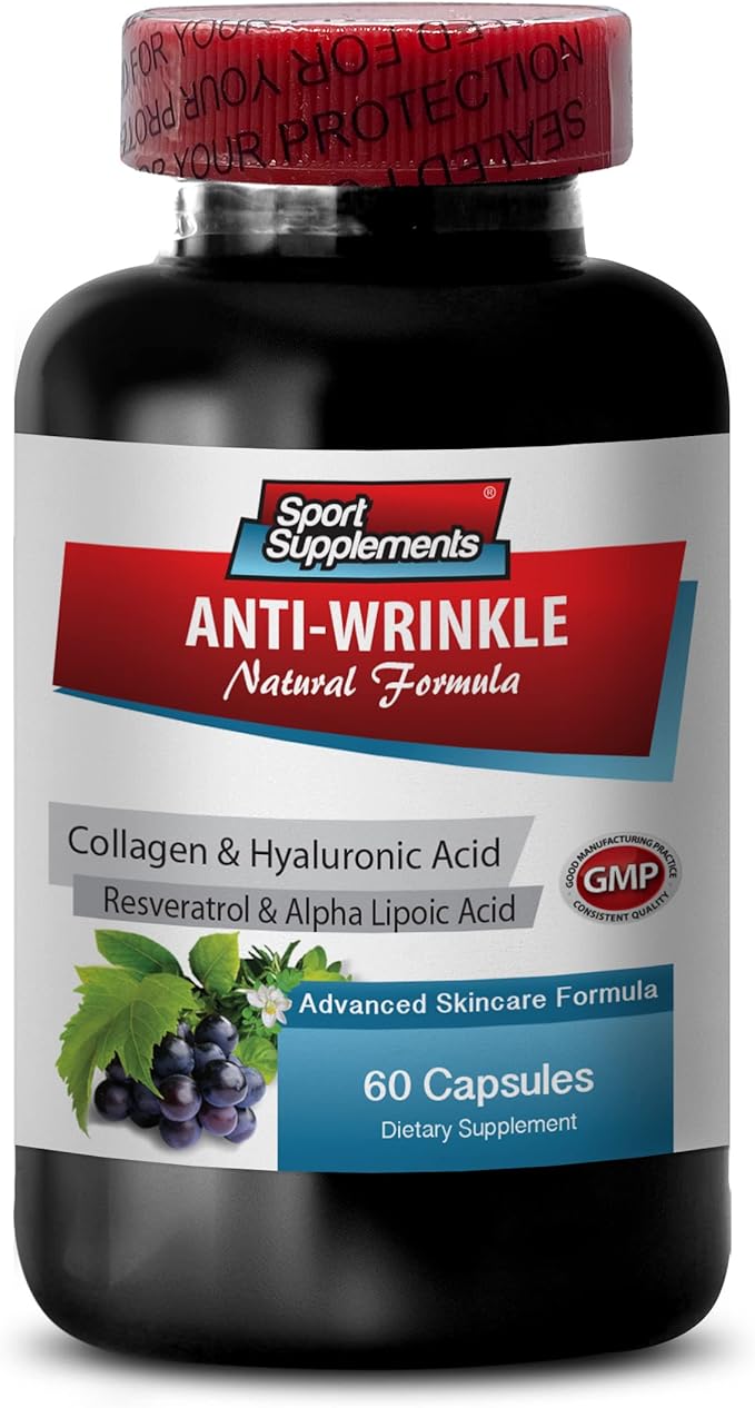 Resveratrol 2000 - Anti-Wrinkle Pills - Reducing oxidative Stress, Alpha lipoic Acid, Collagen, Aloe Vera Gel, hyaluronic Acid, Turmeric, Anti Aging Supplement, Anti Aging Pills 1 Bottle 60 Capsules