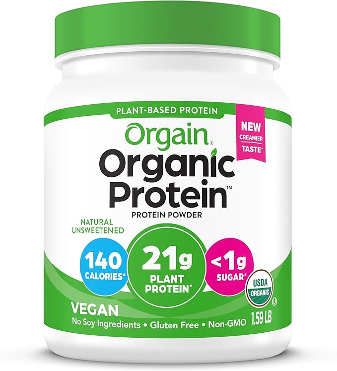 Orgain Organic Vegan Protein Powder, Natural Unsweetened - 21g of Unflavored Plant Protein, 4g Prebiotic Fiber, Low Net Carbs, No Added Sugar, Non-GMO, For Shakes & Recipes, 1.59 lb