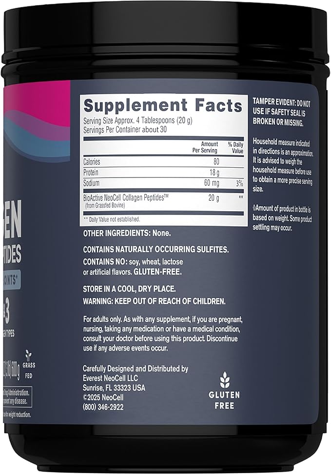 NeoCell Super Collagen Peptides Powder | 30 Servings | Unflavored | Types I & III | Grass Fed Bovine Supplement | Hair, Skin, & Nails | for Women and Men