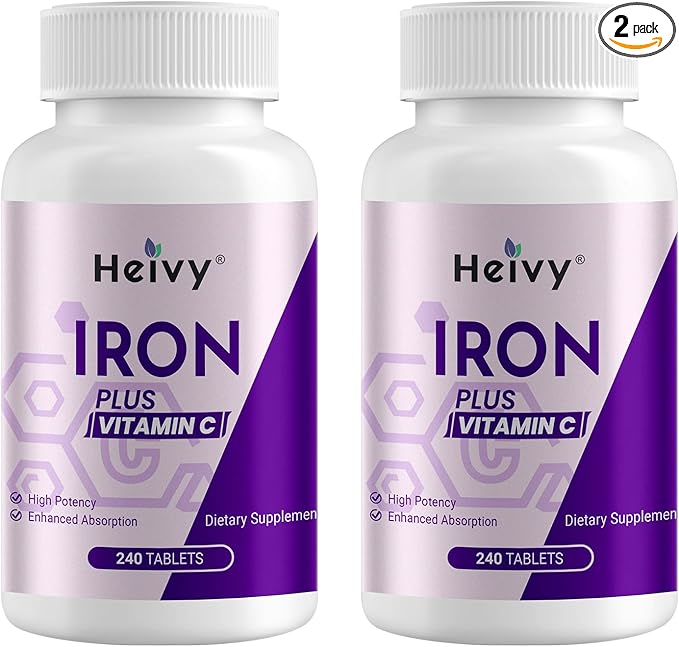 Heivy Ferrous Sulfate 325mg (Iron 65mg), High Potency Iron Supplement for Women and Men, Iron Pills with Vitamin C, Non-GMO - 240 Tablets (2 Pack) Made in USA