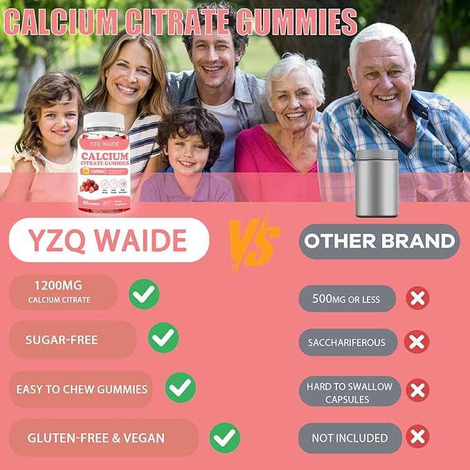 Calcium Citrate Gummies 1200mg with Vitamin D3 + K2, Magnesium, Zinc, Chewable Calcium Supplement for Women & Men, Bone Healthy, Sugar Free, Non-GMO, Gluten Free, Strawberry Flavor 60 Count