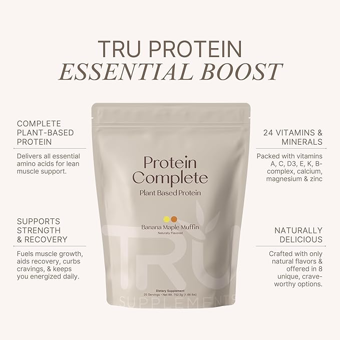 TRU Supplements Plant Based Protein Powder, BCAA, EAA, 20g Vegan Brown Rice & Pea Protein, 100 Calories, 27 Vitamins, No Artificial Flavors 25 Servings (Banana Maple Muffin)