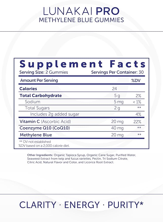 Lunakai PRO USA Made Methylene Blue Gummies 20mg with CoQ10 & Vitamin C – USP & Pharmaceutical Grade Daily Nootropic for Brain Focus, Cognitive Support & Energy, Non-GMO, 60ct