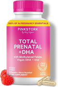 Pink Stork Total Prenatal Vitamins with DHA, Folate, Iron, Choline, and Vitamin B12 - Prenatals for Women to Support Fetal Development, Pregnancy Essentials, Berry Essence, 60 Capsules, 1 Month Supply