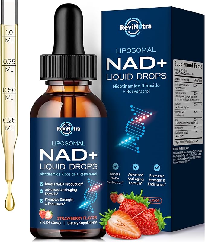 Liposomal NAD+ Liquid Supplement, Nad Resveratrol Supplement for Women & Men, Nicotinamide Riboside with PQQ, CoQ10, Quercetin for Anti-Aging, Brain, Cellular Energy Health, Strawberry Flavor, 2 Fl Oz
