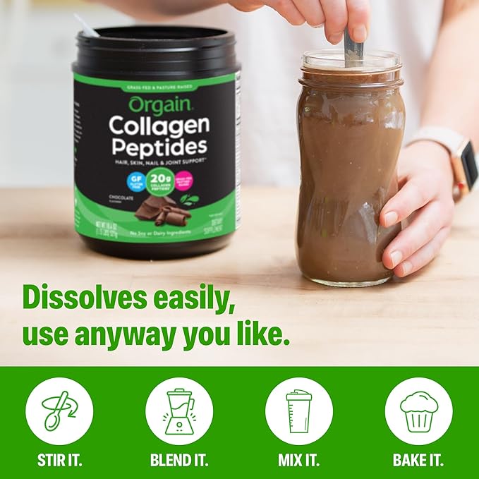 Orgain Hydrolyzed Collagen Peptides Powder For Women & Men, Chocolate, 20g Grass Fed Collagen - Hair, Skin, Nail, & Joint Support Supplement, Paleo & Keto, Non-GMO, Type I and III, 1lb