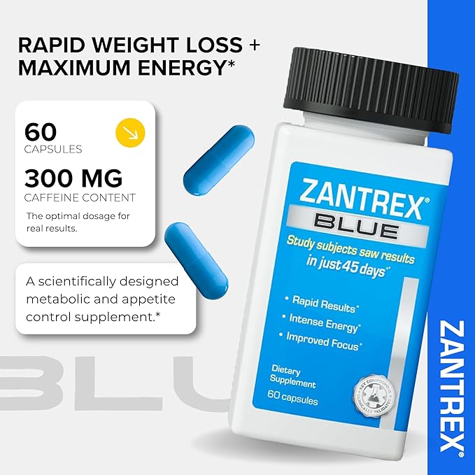 Zantrex Blue Energy & Thermogenesis Boost Energy | Weight Loss Supplement for Appetite Control, Increased Calorie Burn and Supports GLP-1 Levels | 120 Capsules