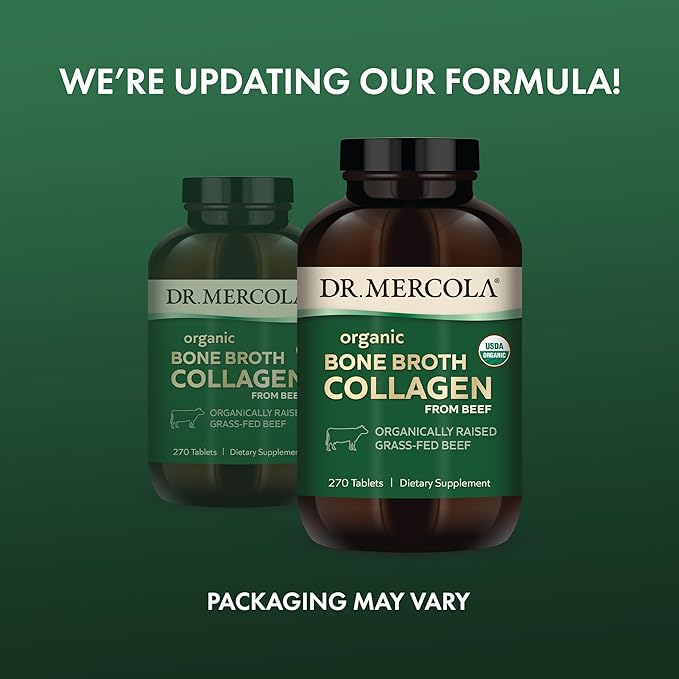 Dr. Mercola Organic Bone Broth Collagen – Organically Raised Grass-Fed Beef – Dietary Supplement – Supports Bone and Joint Comfort – USDA Organic, Non-GMO – 90 Servings (270 Tablets)
