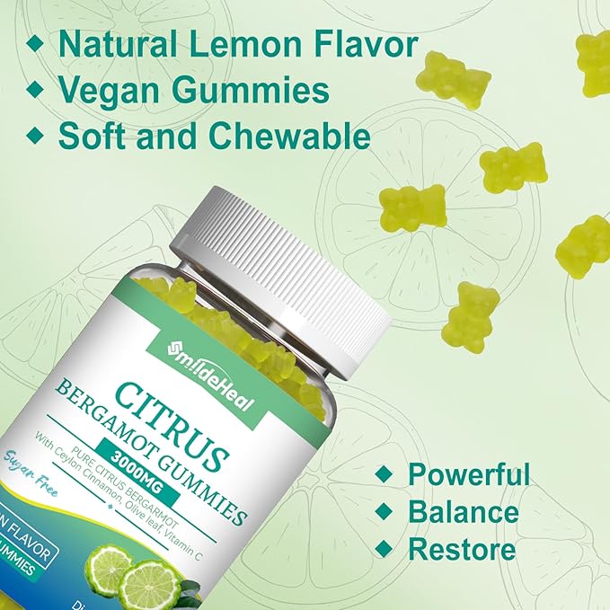 Citrus Bergamot Gummies 3000mg, Bergamot Supplement for High Cholesterol, Cholesterol Lowering Supplement for Heart, Immune System & Anti-Aging, Sugar Free Vegan 60 Gummies