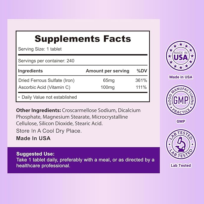Heivy Ferrous Sulfate 325mg with Vitamin C (65 mg Elemental Iron), Non-Constipating Iron Supplement for Women - Non-GMO, Vegan - Made in USA