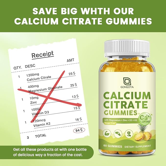 Calcium Citrate 1200mg with Vitamin D3, Calcium Gummies for Women, Calcium Supplements for Bone, Muscle, Immune Support, Sugar Free, Pineapple Flavor - 60 Gummies