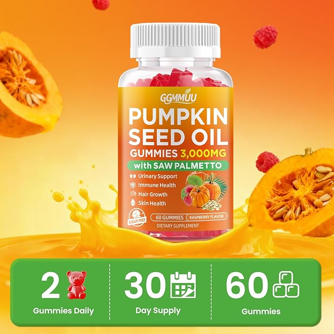 Pumpkin Seed Oil Gummies with Saw Palmetto, 3000mg Per Serving Pumpkin Seed Oil Supplement for Hair Growth, Skin Health, High Pure Extract for Women & Men, Vegan, Raspberry Flavor, 60 Count