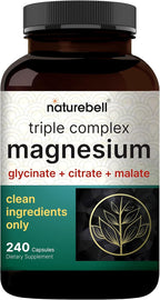 NatureBell Magnesium Complex for Women & Men 1,000mg Per Serving – 240 Capsules – Triple Magnesium Complex with Glycinate, Citrate & Malate – Chelated & Purified – Non‑GMO, Filler Free