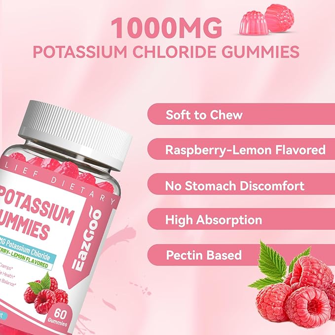 Potassium Gummies, Potassium Chloride 1000mg for Adults, Chewable Potassium Supplement for Women & Men, Support Leg Cramps & Muscle Health - Sugar Free, Vegan,60 Count