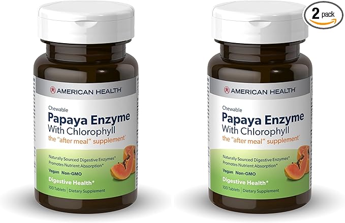 American Health Papaya Enzyme with Chlorophyll Chewable Tablets Promotes Nutrient Absorption, Helps Digestion and Freshens Breath, Gluten-Free, Vegetarian - 100 Count (Pack of 2)