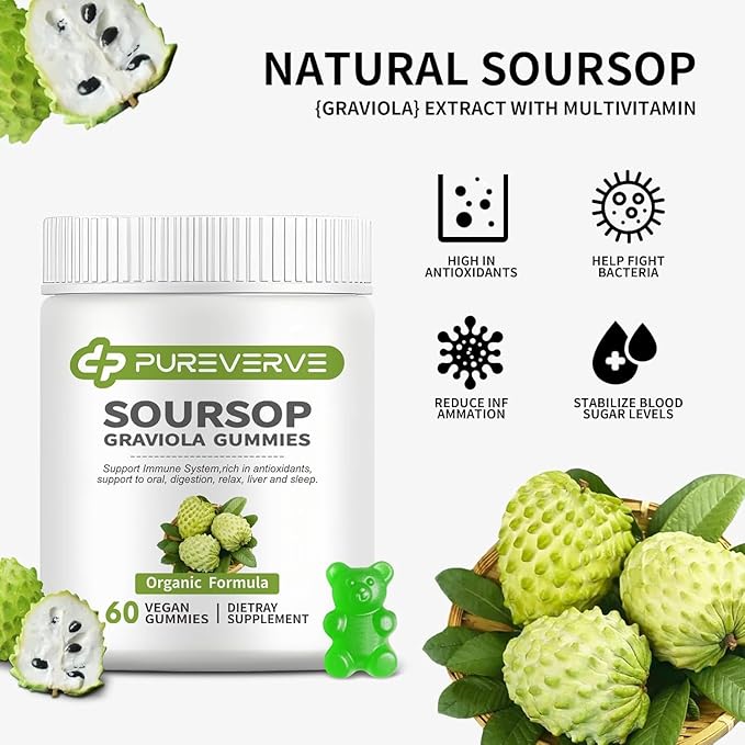 Soursop Graviola Gummies, Pureverve Max Strength Soursop Leaves Extract with Sea Moss & Zinc for Cell Support & Regeneration, Immunity, Liver and Antioxidant, Sugar/Gluten Free, Vegan - 120 CT, 2 Pack