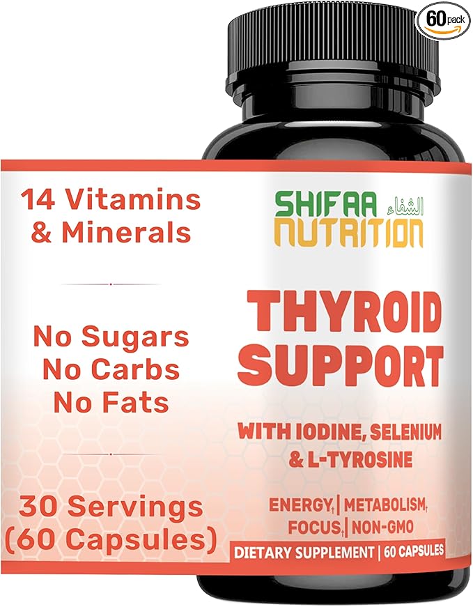 SHIFAA NUTRITION Halal Thyroid Support 30 Servings | Non-GMO Relief Supplement w/ B12, Iodine, Selenium, L-Tyrosine | Supports Energy, Metabolism, Focus, Clarity, Cortisol Balance