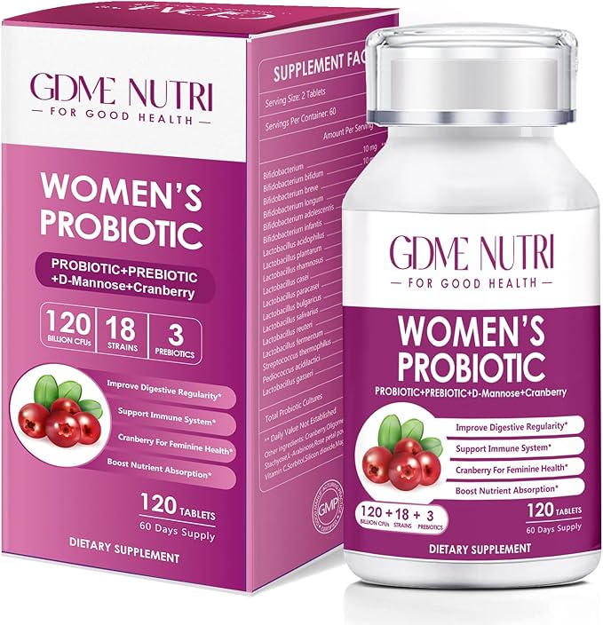 Women's Probiotics, 120 Tablets 120 Billion CFU 18 Strains, Contains Organic Prebiotic Cranberry, Probiotic Supplement for Digestion, Immunity, Women's Health, Soy Gluten Dairy Free