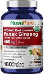 NusaPure Red Korean Panax Ginseng Capsules, 450 mg, 180 Veg Capsules (Non-GMO, USDA, Vegan)