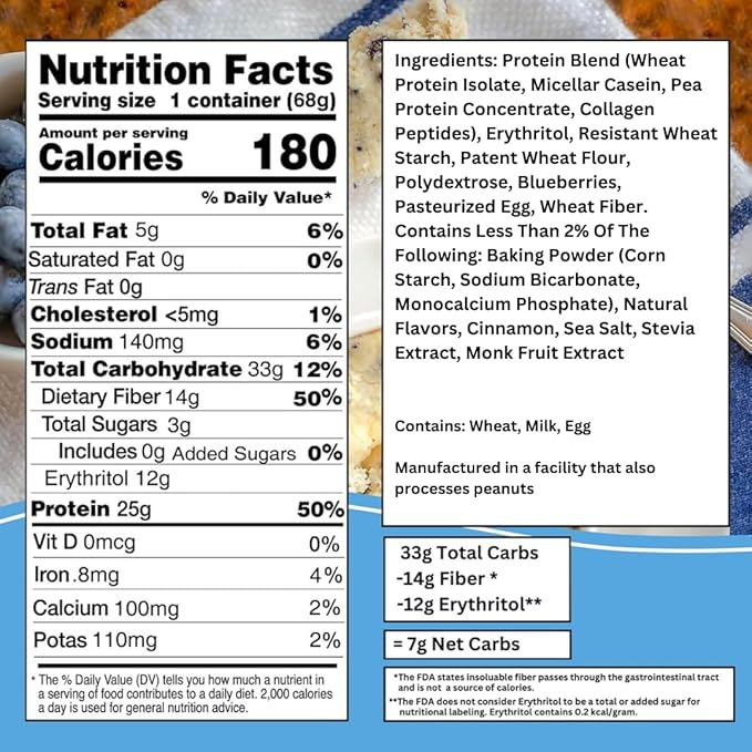 Bootylicious | 25g Protein Muffin | Blueberry | Low Carb, 14g Fiber, Low Glycimic Index, Low Sugar, 2.29 Cup, 12-Pack