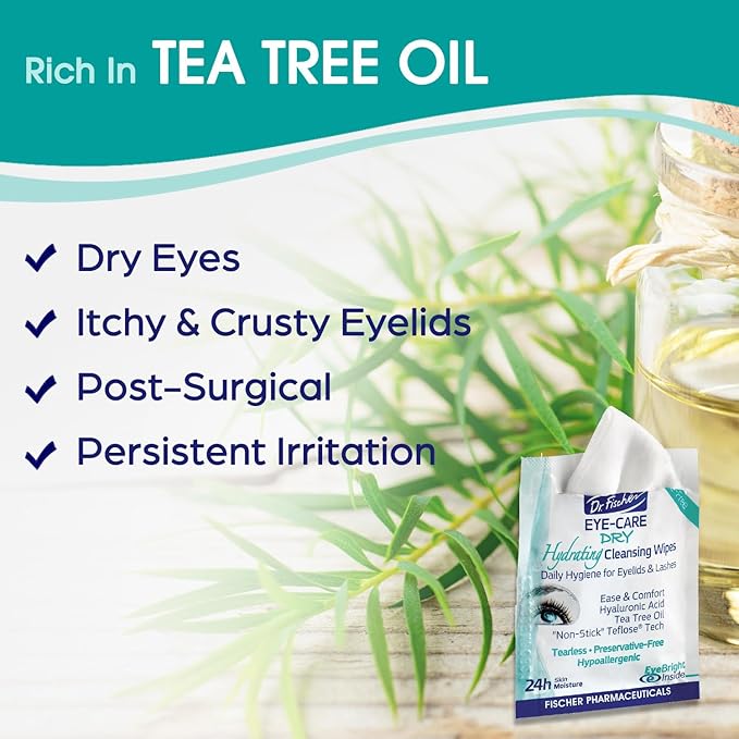 Dr. Fischer Tea Tree Eyelid Wipes for Dry Eyes - Gentle Eye Wipes for Everyday Eye Conditions and Hypoallergenic Makeup Remover (60 Wipes)