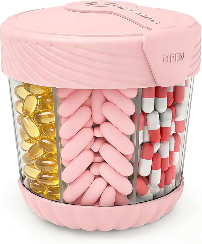 HIONXMGA Cute Pill Dispenser with 7 Large Compartments, Portable Pill Bottle Organizer with Wide Opening for Travel, Anti-Mixing Pill Container, Shatterproof BPA-Free, Includes 20 Pcs Labels, Pink