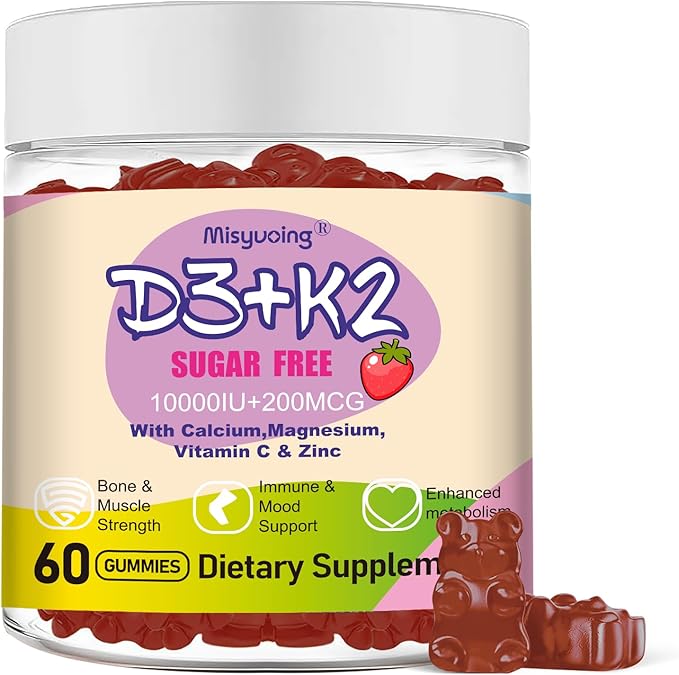 Vitamin D3 K2 Gummies,Vitamin D3 10000 IU with K2 200mcg,VitaminC,Calcium,Magnesium,Zinc,Support for Bones,Joints,Muscles,Nerves,and Immune System (60, Strawberry,Sugar-Free)
