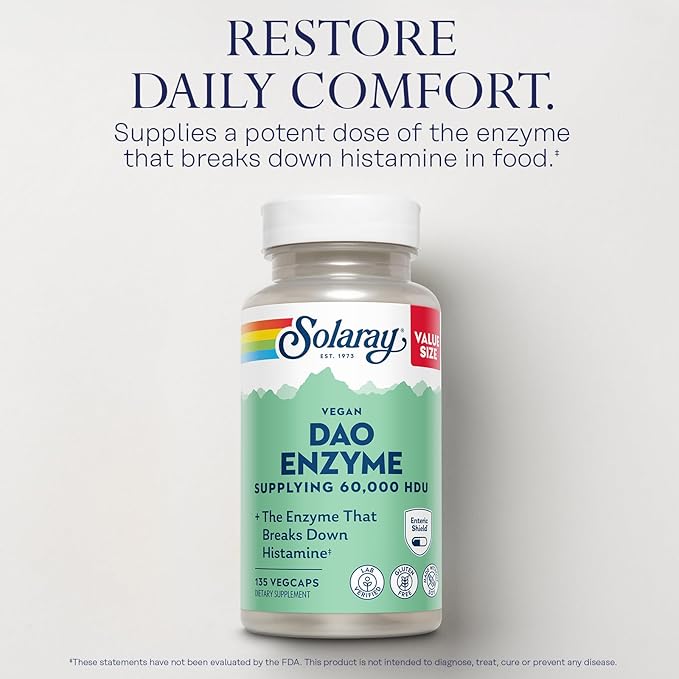 SOLARAY DAO Enzyme - Digestive Enzyme That Breaks Down Histamine - 60,000 HDU - Digestive Enzymes - Vegan, Gluten Free, Lab Verified - 135 Servings, 135 VegCaps