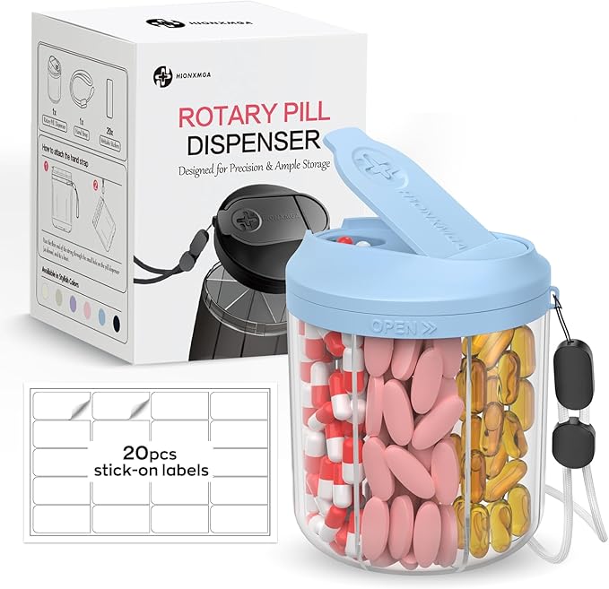 Hionxmga Pill Dispenser with 7 Large Compartments, 4.4" H x 3.6" Dia Pill Bottle Organizer for Travel, Supplement Organizer with Anti-Mixing Design, BPA-Free Pill Container with 20 Pcs Labels, Blue
