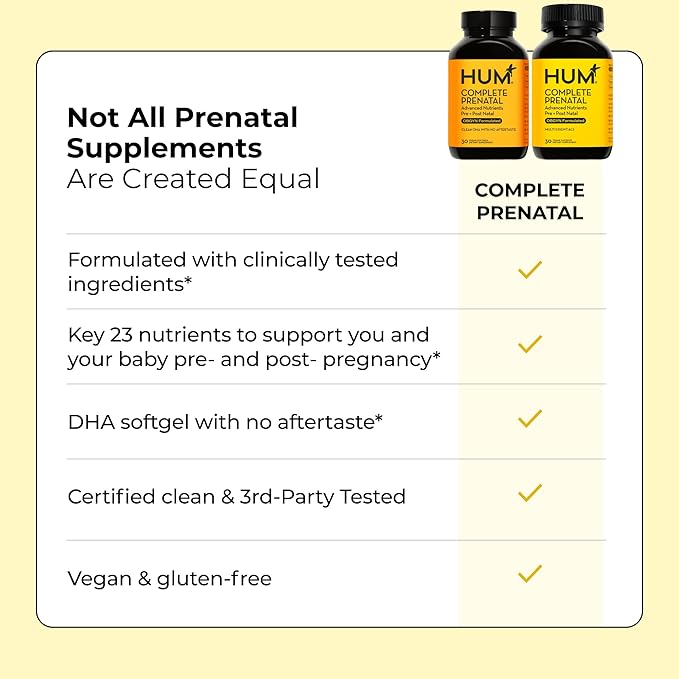 HUM Complete Prenatal Multivitamin for Women with Folate, DHA, and Choline, 23 Nutrients for Daily Support, Gluten Free, Non GMO Supplement for Pre, During, and Post Pregnancy, 30 Vegan Capsules