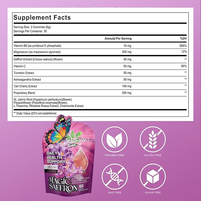 BUTTERFLY'S TEAR Saffron Gummies | 12-in-1 Daily Health Support | Mixed Berry Flavor | Mood, Gut & Metabolism, Mind & Body, Energy Support | 120 Gummies Dietary Supplement