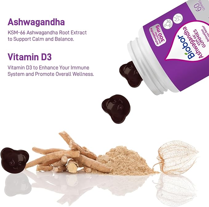 Biobor (2 Packs) Ashwagandha Gummies, KSM-66 Ashwagandha Root Extract with Vitamin D3, Relaxation Support & Immune Support for Adults - GMO Free, Gluten Free, 120 Count