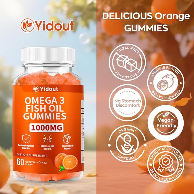 Omega 3 Fish Oil Gummies, Delicious Orange Flavor Fish Oil Gummy Supplements for Joint, Heart Health, & Brain Support (60 Count（Pack of 2）)