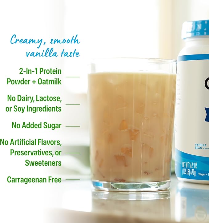 Orgain Organic Vegan Protein Powder + Oat Milk, Vanilla Bean - 20g Plant Based Protein, Gluten Free, No Dairy, Soy or Lactose Ingredients, Low Sugar, Non-GMO, Kosher, For Shakes & Smoothies - 1.05lb