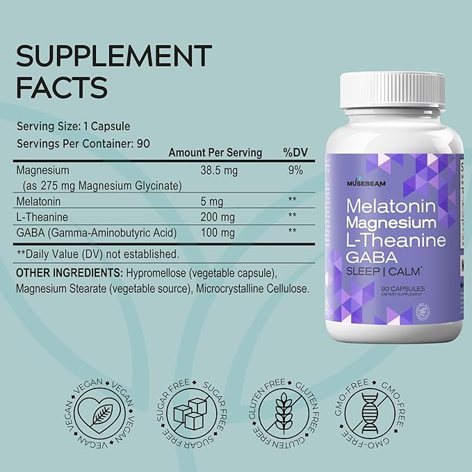 Magnesium Glycinate 275mg Melatonin 5mg L-Theanine 200mg GABA 100mg Capsules - Full Rest Nighttime Bedtime Support Supplement for Men Women - Vegan Sugar-Free Gluten-Free
