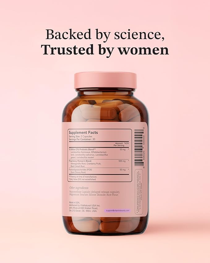 Vitamin Bounty Women's Pro-Daily Probiotic - Supports Vaginal, Digestive & pH Balance, 10 Billion CFUs, 5 Strains + Cranberry - 2 Pack of 60 Capsules