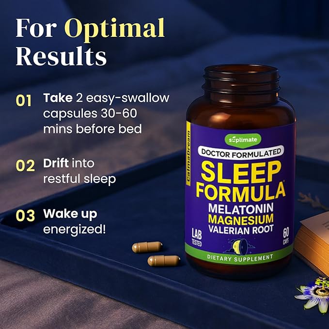 9-in-1 Melatonin Sleep Aid for Adults - USA Made, Lab Tested with Melatonin 5mg and 108mg Magnesium for Sleep - TRAACS, Ashwagandha, Valerian Root, GABA, 5HTP, Herbal Sleep Supplement, Vegan, 60 Caps