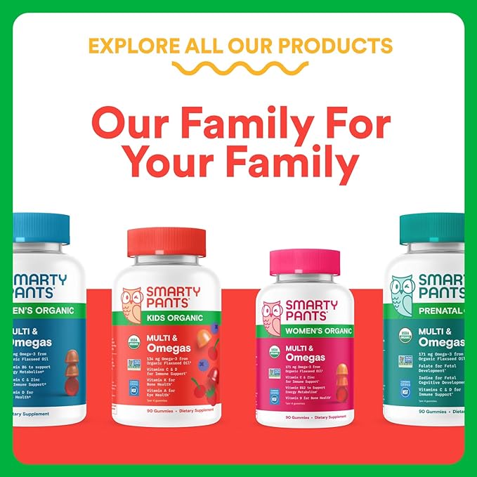 SmartyPants Organic Kids Multivitamin Gummies: Omega 3 (ALA), Beta Carotene, Vitamin B12, B6, A, K & Zinc for Immune Support, Biotin, Vegetarian, Three Fruit Flavors, 120 Count (30 Day Supply)
