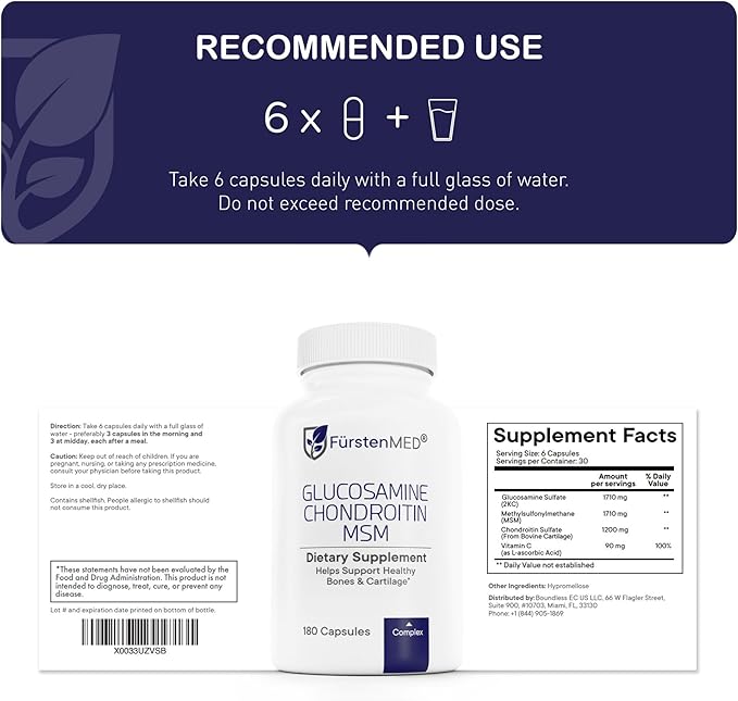 FürstenMED Glucosamine Chondroitin MSM Supplement - Chondroitin & Glucosamine Nutritional Supplements for Bones & Normal Cartilage Health - Support Normal Joint Health with Vitamin C - 180 Capsules
