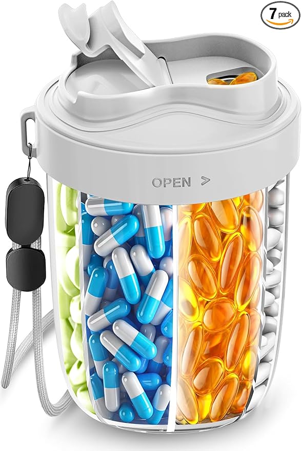 Pill Dispenser with 7 Large Compartments - Portable Pill Organizer for Travel, Anti-Mix Design & Wide Opening Design, Easy Access to Vitamin Dispenser, Includes 20 Blank Stickers(Gray)