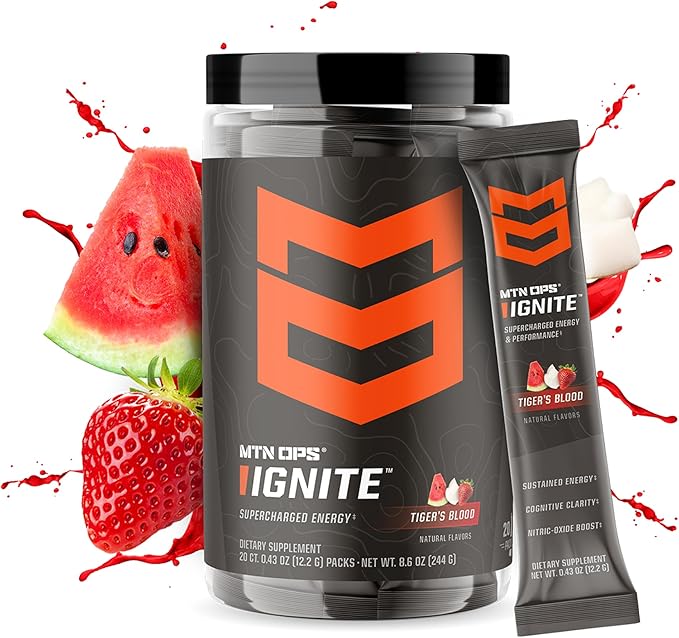 MTN OPS Ignite Sugar Free Energy Drink Powder Trail Packs with 200mg Caffeine, Travel Pre Workout Packets for to-Go Energy, Nootropic Blend, L Arginine & L Citrulline, 20 Servings, Tiger's Blood