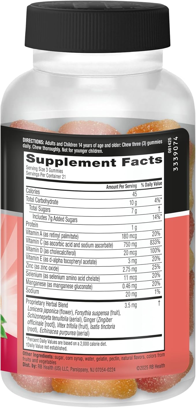 Vitamin C 750mg (per Serving) - Airborne Assorted Fruit Flavored Gummies (63 Count in a Bottle), Gluten-Free Immune Support Supplement with Vitamins A C E, Selenium, Echinacea & Ginger