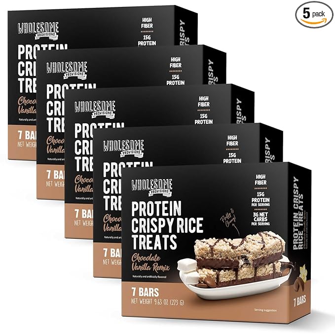 Protein Crispy Rice Treats, 15g Protein, 3g-7g Net Carbs, Low Carb, Fluffy, Soft, Chewy, Gluten Free, High Fiber, Keto-Friendly, No Aftertaste (Chocolate Vanilla Remix, 5 Pack)